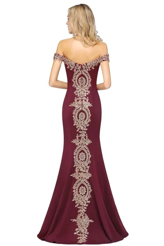 Charming Off-the-Shoulder Mermaid Evening Gown with Gold Appliques Floor Length Party Dress