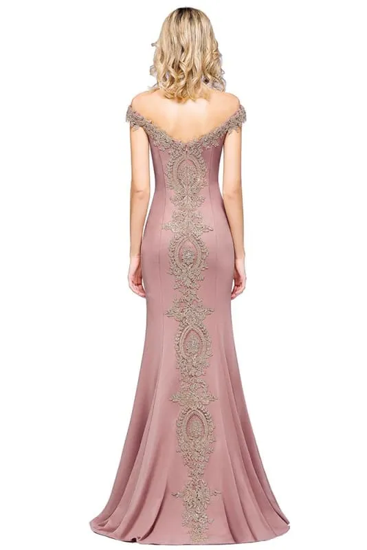 Charming Off-the-Shoulder Mermaid Evening Gown with Gold Appliques Floor Length Party Dress