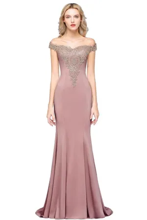 Charming Off-the-Shoulder Mermaid Evening Gown with Gold Appliques Floor Length Party Dress