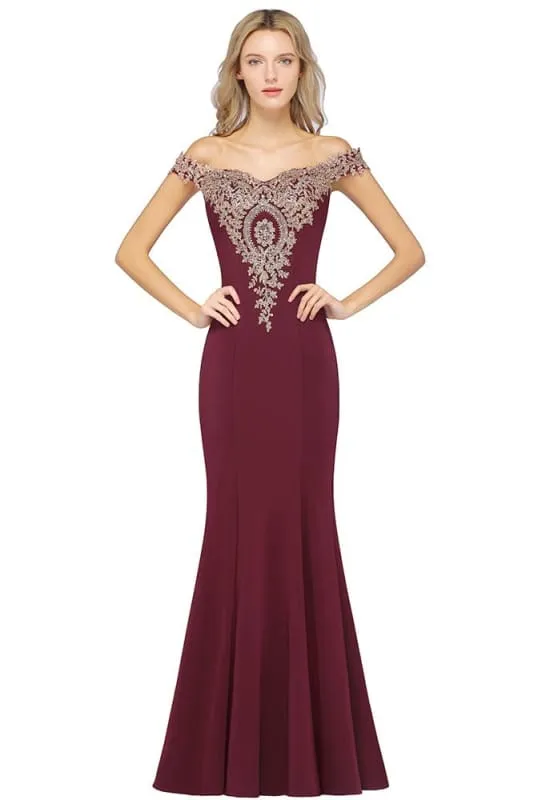 Charming Off-the-Shoulder Mermaid Evening Gown with Gold Appliques Floor Length Party Dress