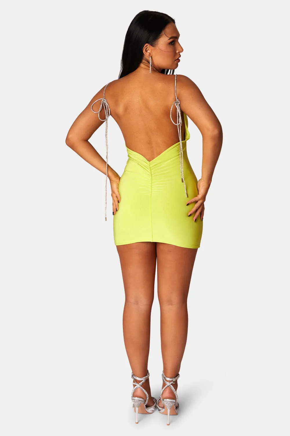 Diamante Extreme Strap Slinky Mini Dress Lime