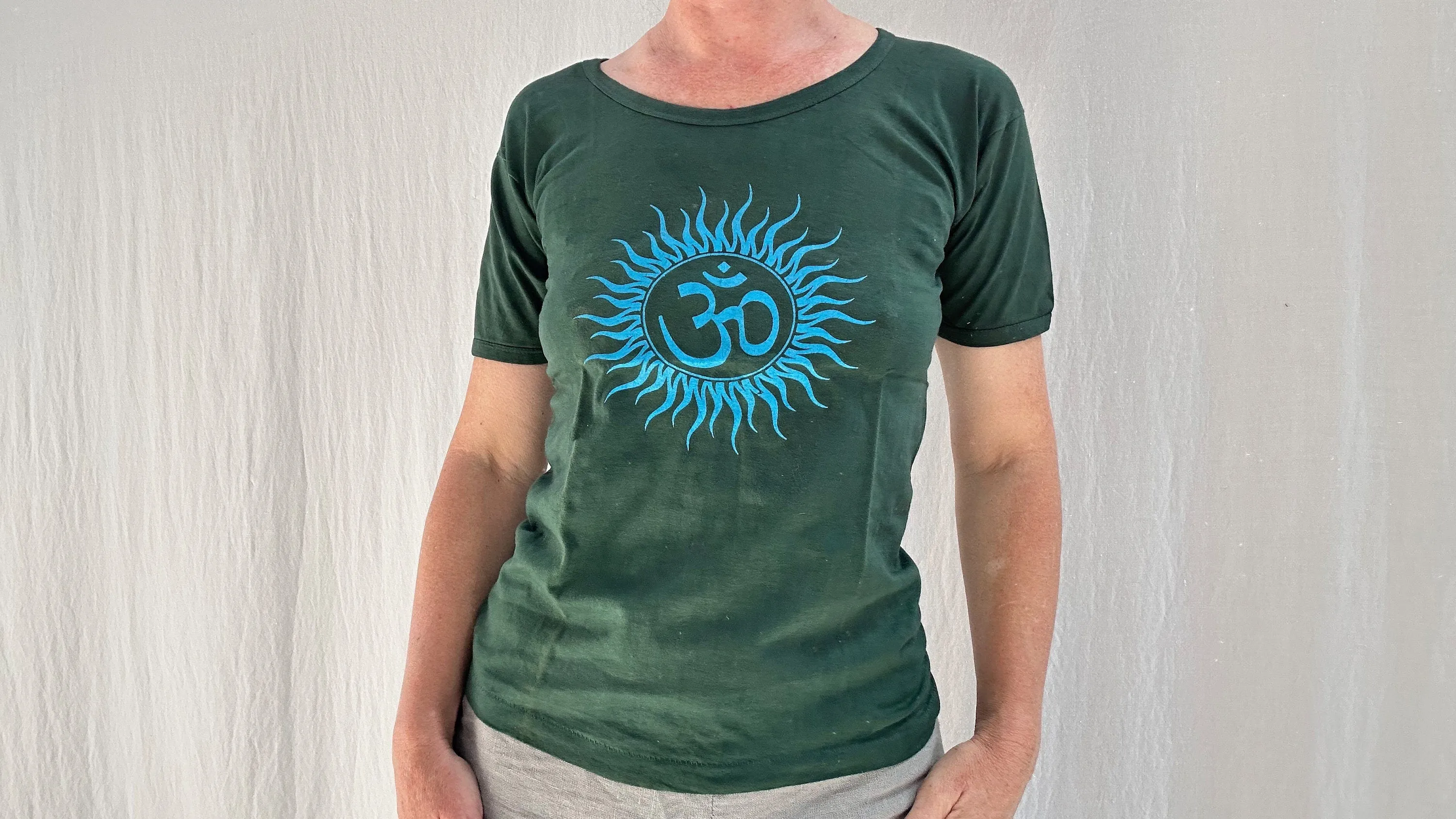 India. Yoga T Shirt. Screen Printed. Hand Dyed. Mustard Brown. Size Small.