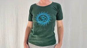 India. Yoga T Shirt. Screen Printed. Hand Dyed. Mustard Brown. Size Small.