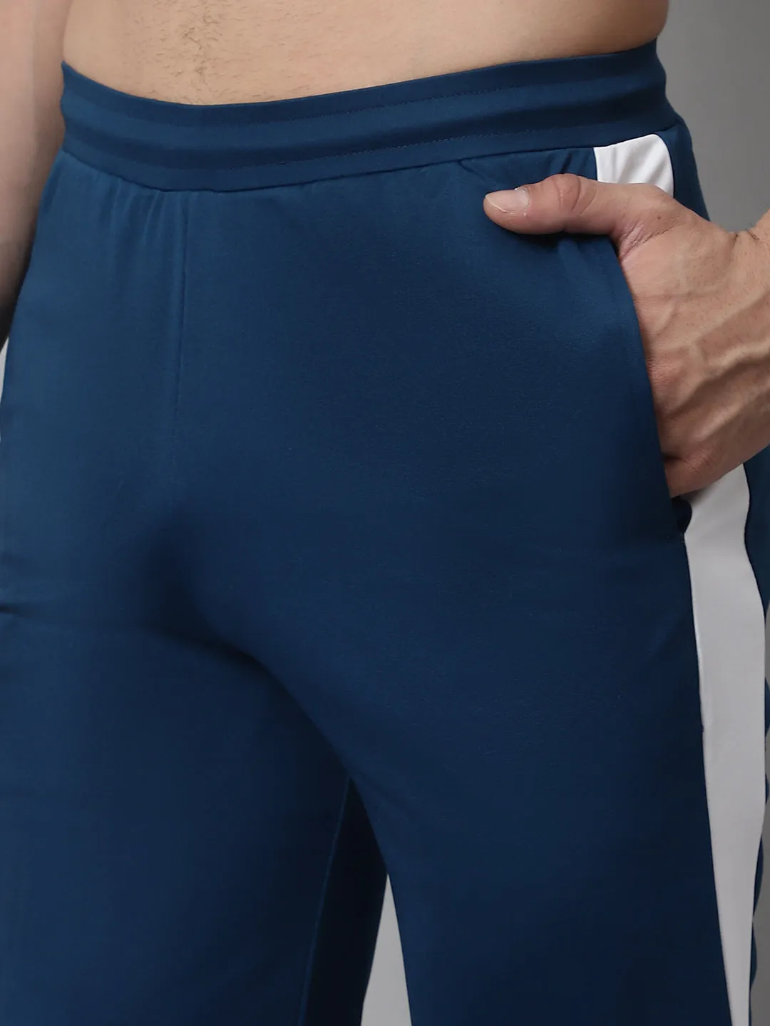 Men's Peacock Blue and White Striped Streachable Lycra Trackpants